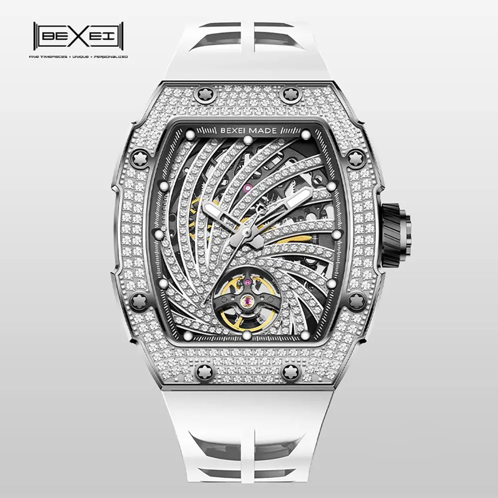 

BEXEI 9165 Inlaid zircon Automatic Mechanical watches for men Luxury 80 Hours Power Barrel shaped Sapphire Luminous waterproof