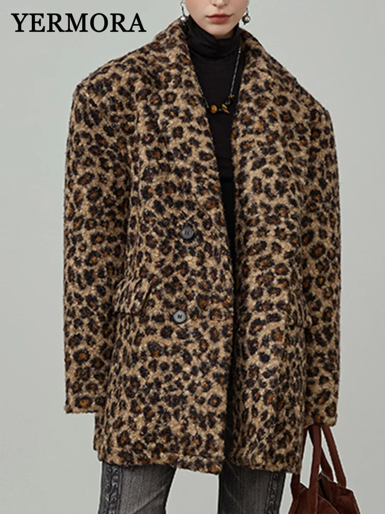 YERMORA Leopard Button Warm Faux Fur Jacket For Women Lapel Long Sleeve Loose New Coata Fashion Tide Autumn Winter 2025