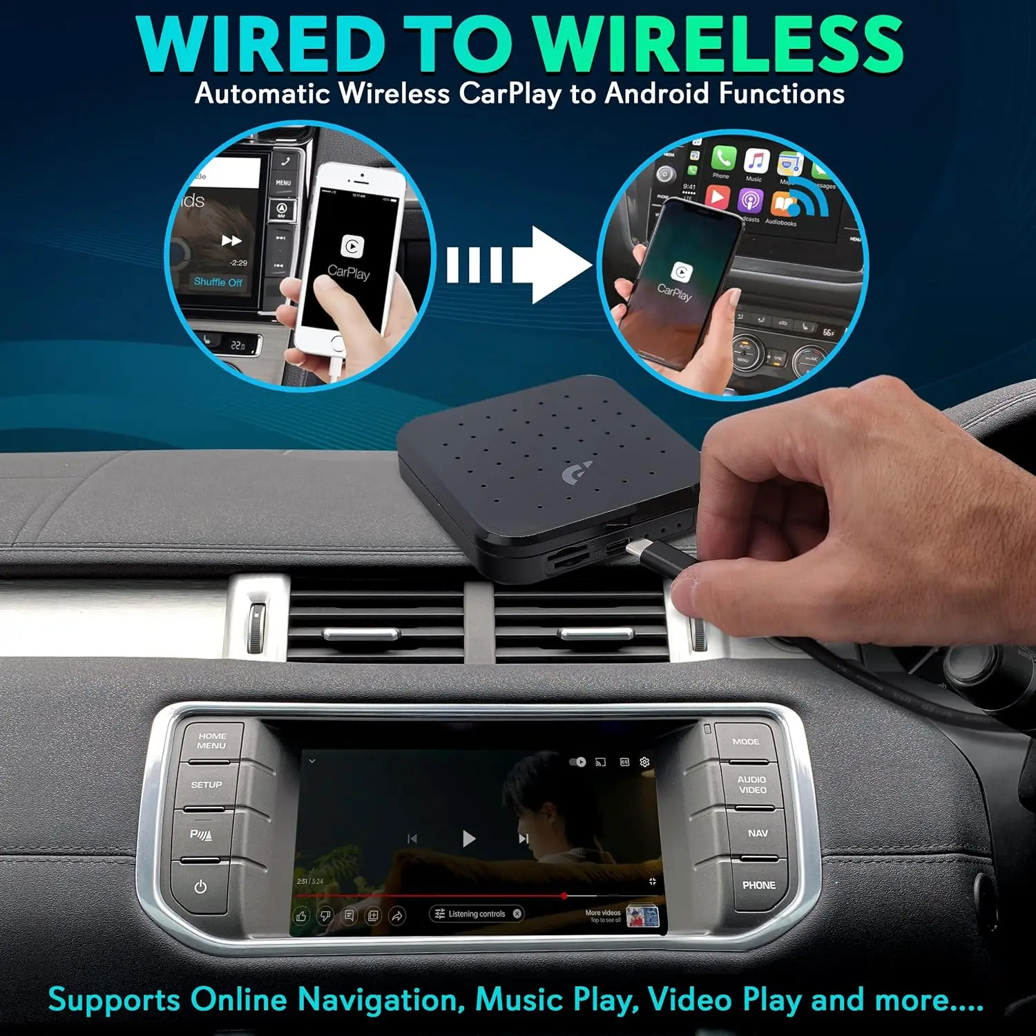 صندوق CarPlay iA اللاسلكي، ذاكرة وصول عشوائي 4 جيجابايت، ذاكرة وصول عشوائي 64 جيجابايت، واي فاي ثنائي النطاق، صندوق أندرويد، 4K HDMI، USB3.0