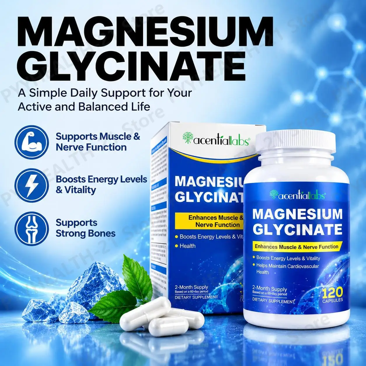 Magnesium Glycinate Capsules Supports Muscle Nerve Function Strong Bones Maintain Cardiovascular Health 120 Capsules Adults