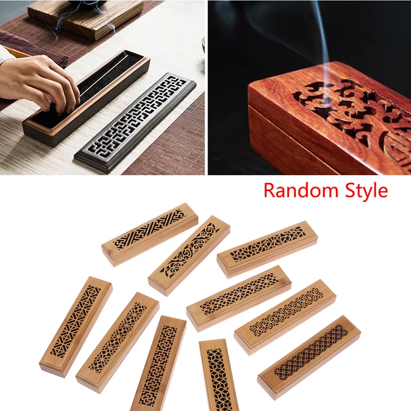 1Pc Bamboo Wood Incense Stick Holder Burning Joss Insence Box Burner Ash Catcher Home Decoration Random Style 15x3.5x2.2cm