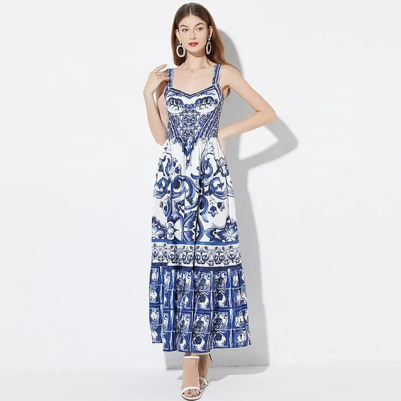 

2026 summer dress new women's vacation style blue and white porcelain beautiful suspender waist cinching printed long skirt