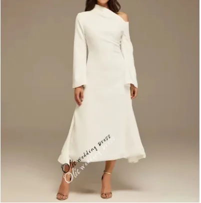 

customized Short Slanted Shoulder Evening Dresses A-Line Crepe Pleated فساتين سهرة Tea Length Prom Dresses for Women