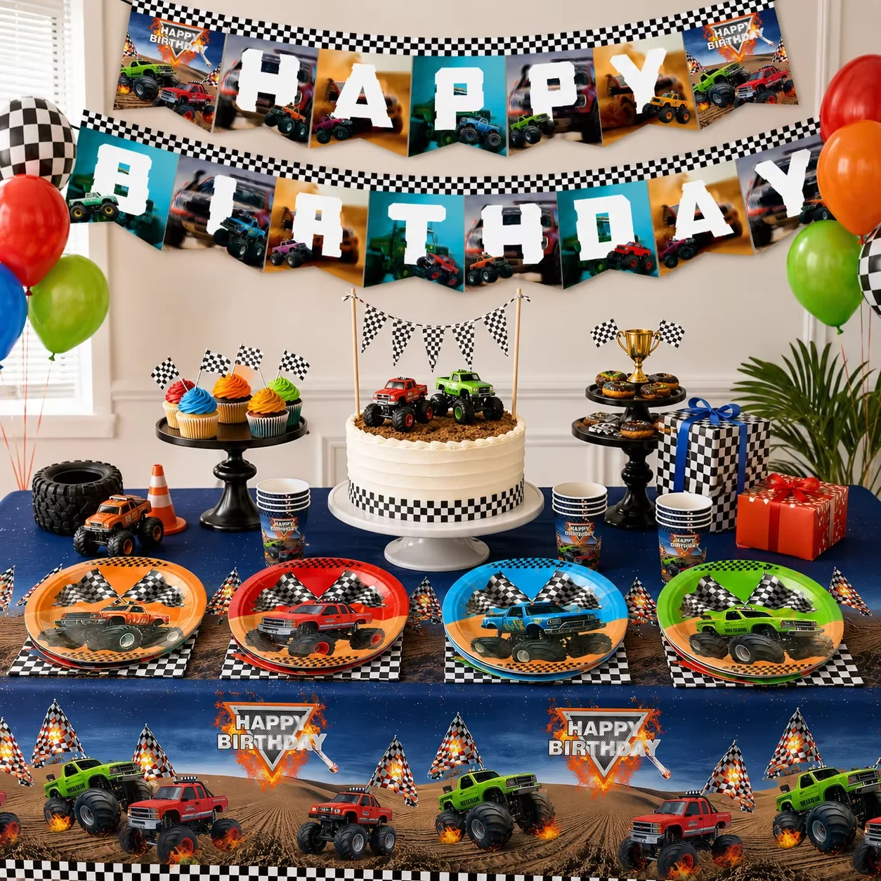 Monster Truck Racing Themed Boys Birthday Party Decoration Set, Birthday Tablecloth Plates Napkins Cups Banner Party Favors