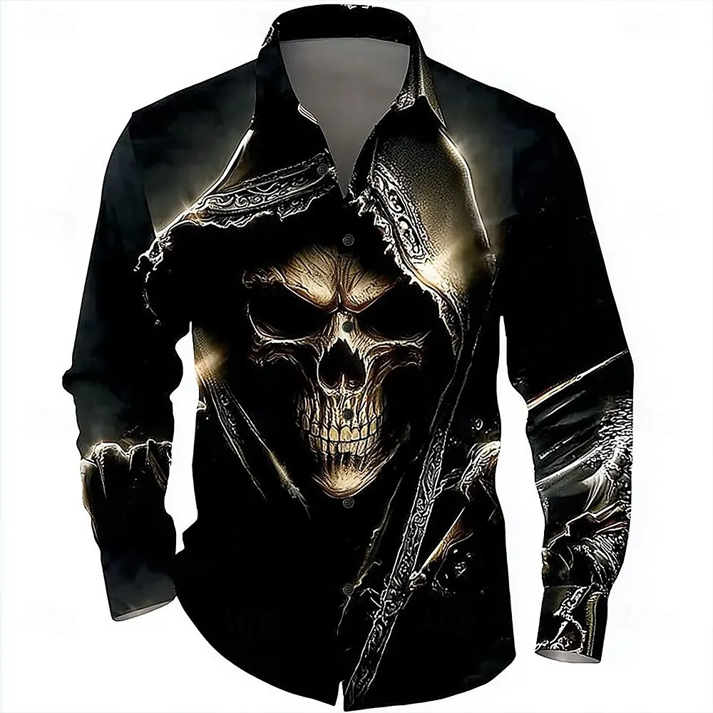 

2026 High Fashion Skull Print Shirt Men Designer Long Sleeve Blouse Streetwear Luxury Gothic Style Slim Fit Casual Top Black