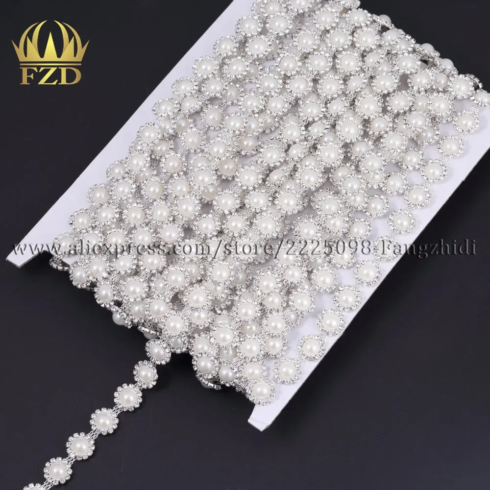 FZD 13mm Wholesale 30 Yard Stones and Pearl Rhinestone Chain Trimming for Earring Bracelet Garments DIY Decoration Accessor