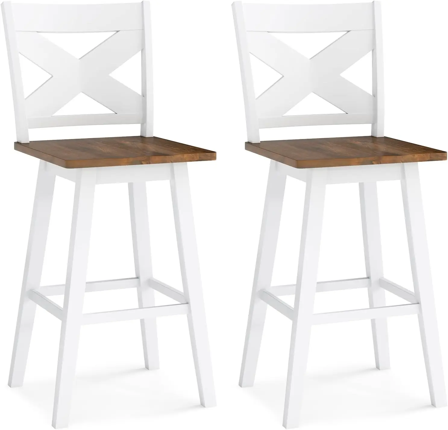 

29” Swivel Barstools Set of 2, Rubberwood Bar Height Chairs with Backrest & Large Seat, 360° Rotating High Top Seats