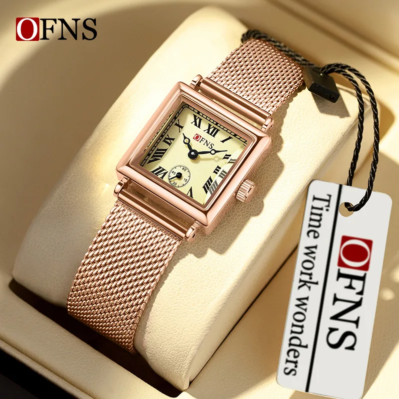 

Кварцевые часы OFNS с квадратным циферблатом, модные, с римскими цифрами, два с половиной стрелки, водонепроницаемые, женские