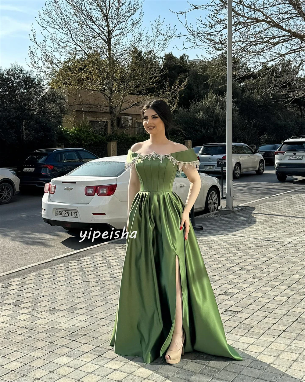  Evening Satin Sequined Beading Ruched Birthday A-line Off-the-shoulder Bespoke Occasion Gown Long Dresses