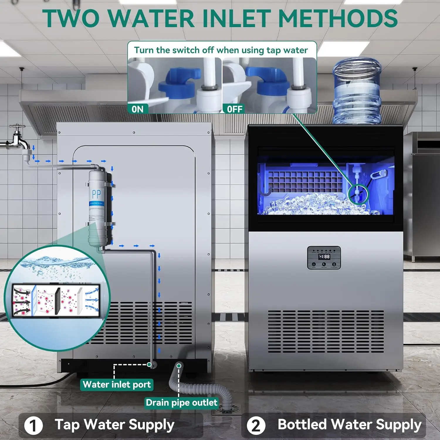 YITAHOME-Machine à glaçons commerciale à entrée d'eau à 2 voies, 100lb/24h, bac de stockage de 33lb, eau du robinet et chargement par le haut, 3 à 5 gallons