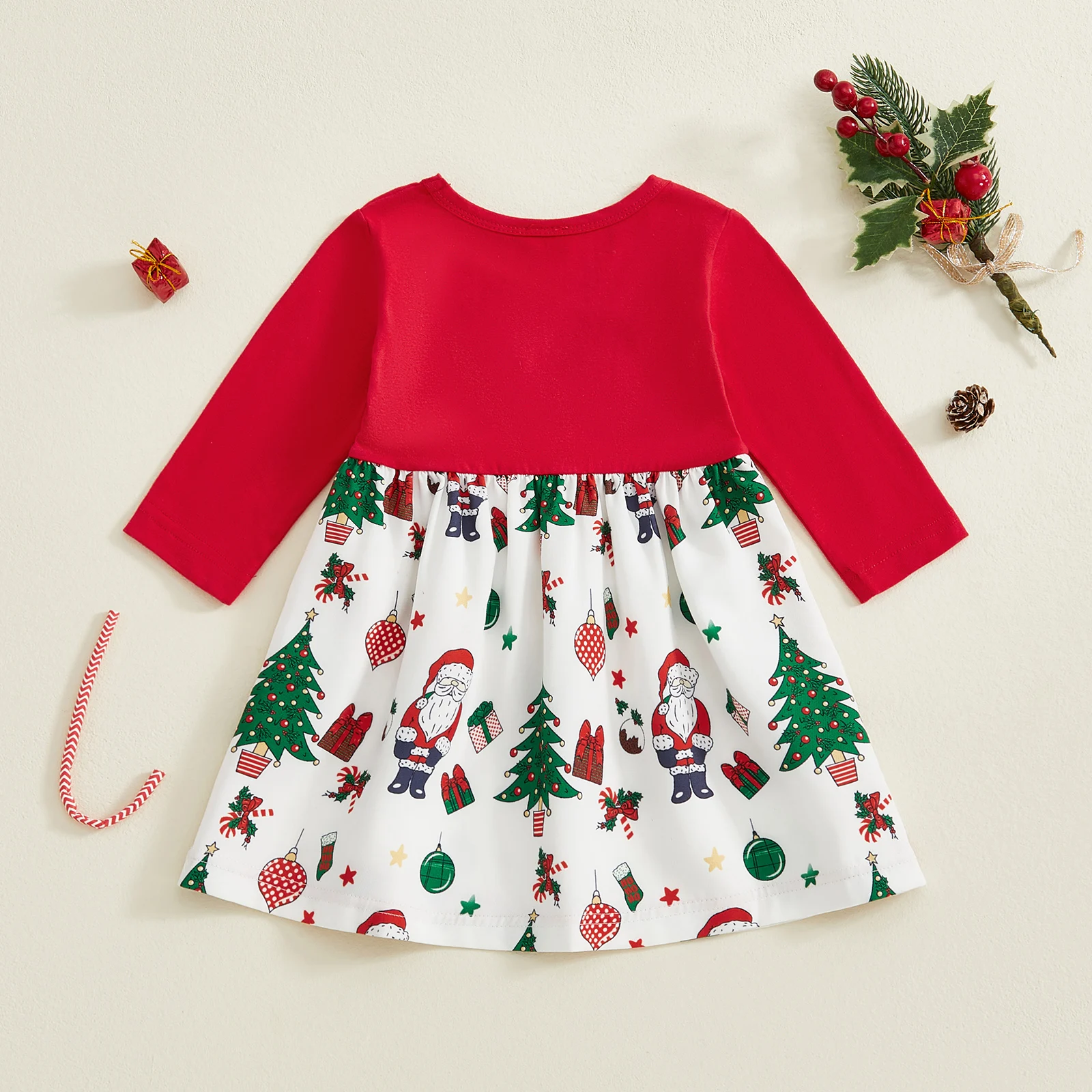 VISgogo فستان عيد الميلاد للفتيات الصغيرات من عمر 0 إلى 18 شهرًا بأكمام طويلة ورقبة دائرية وفيونكة أمامية فستان فضفاض للعطلات