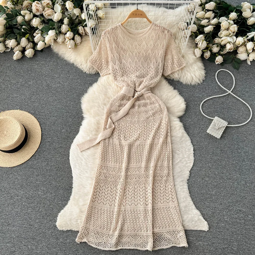 Chic  Hollow Lace Up Two Pieces Sets Dress Knit Dresses Korean Fashion Vestidos Women Crochet Vintage  Summer Trumpet Dress