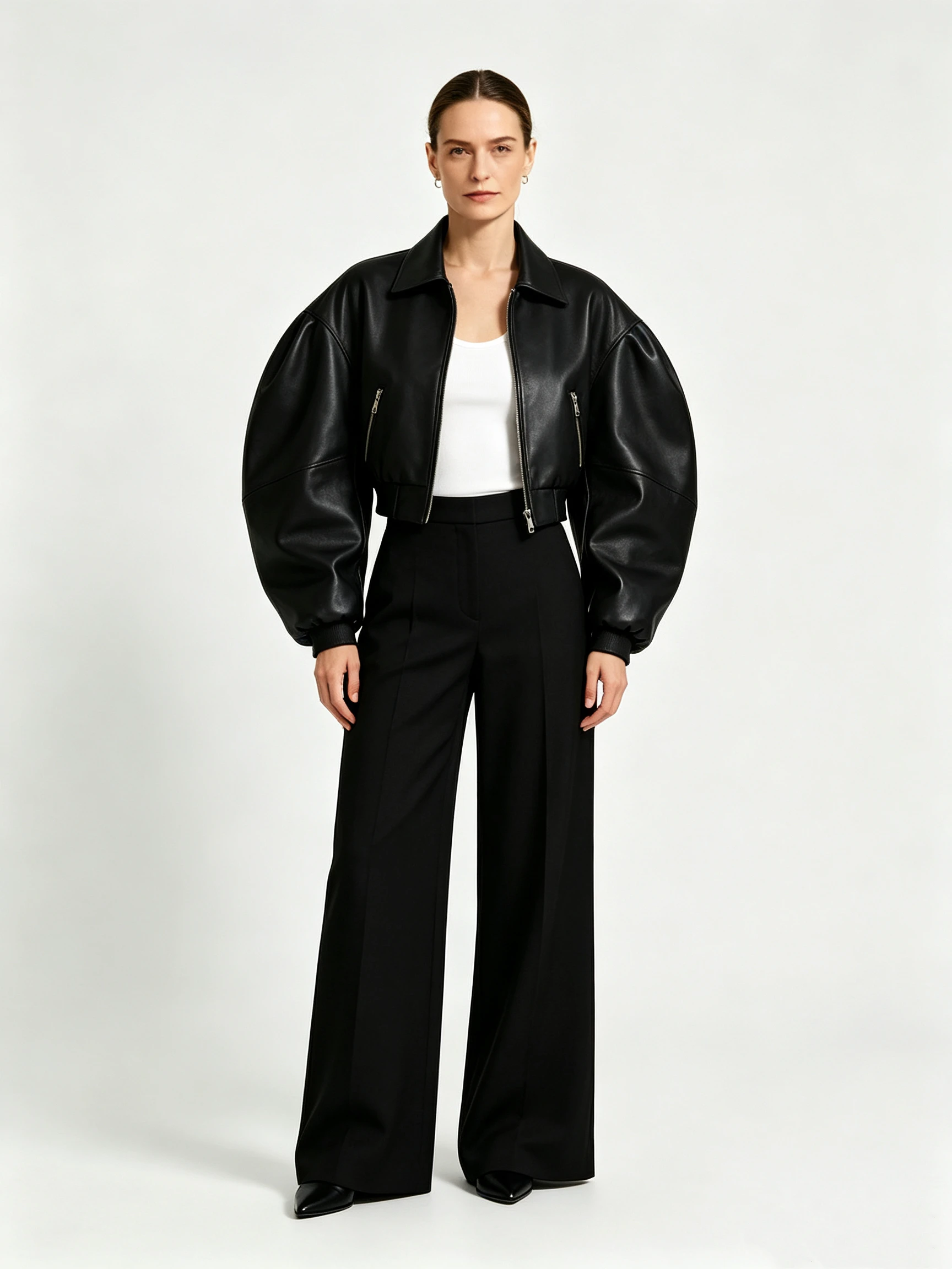 Women's Faux Leather Bomber Jacket with Oversized Balloon Sleeves and Classic Collar