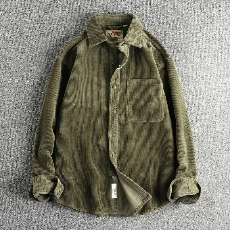 100% Cotton Corduroy Washed Long Sleeve Shirt Men's American Retro Trend Single Pocket Shirt Jacket