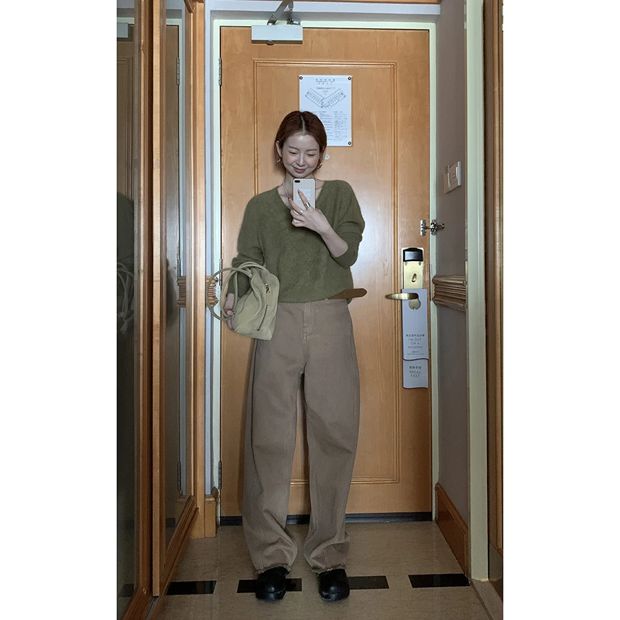 

Джинсы женские повседневные HelloooEat Autumn Vintage, цвет хаки, с эффектом потертости, прямые, без стрейча, из хлопка