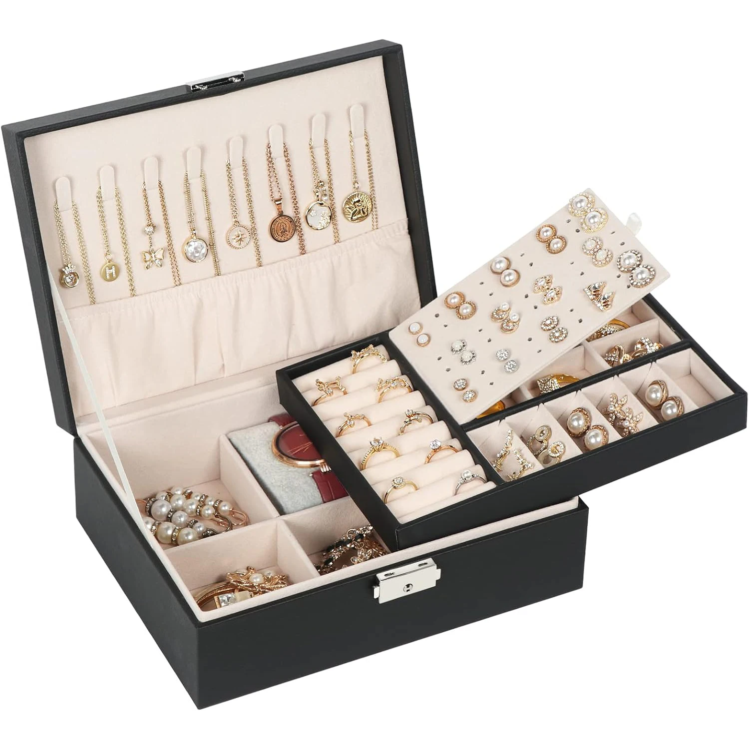 Double layered lock bead treasure box, jewelry box, earrings and earrings storage box, necklace ring box, jewelry box, bracelet