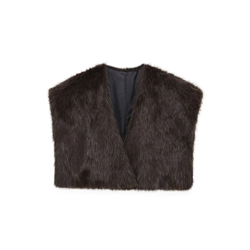 ETJ 2025 dames winter nieuwe elegante en nobele nepbont sjaal losse versie V-hals mouwloze bont korte jas