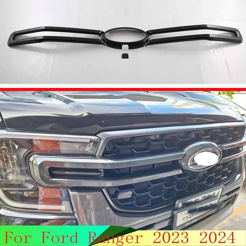 For Ford Ranger 2023 2024 Car Accessories Carbon fiber style Front Center Mesh Grille Grill Cover Radiator Strip Trim Decoration