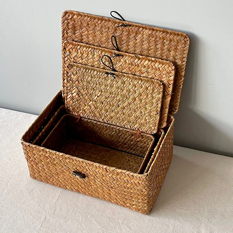 

3Pcs Woven Seagrass Storage Box Rectangular Basket Drawer Storage Organizer Desktop Sundries Container Gift Wrapping Supplies