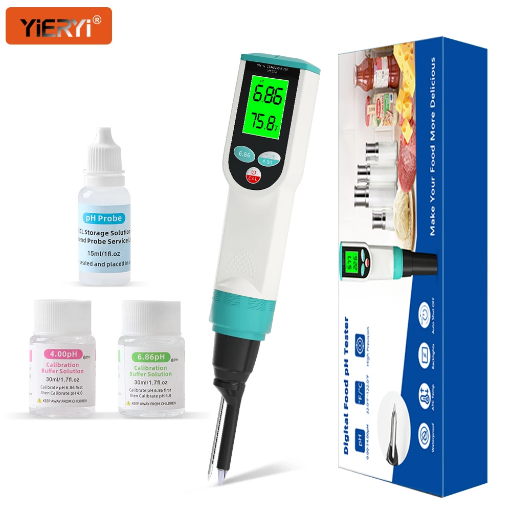 Yieryi Smart Food PH Meter With Calibration & Probe Protection Fluid Kit YY-2023 Cheese Meat Fruit Water Quality Monitor Tester