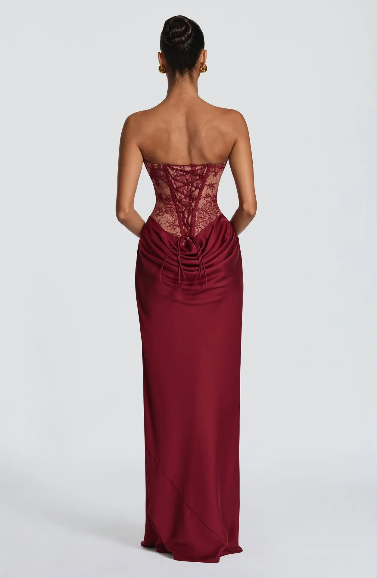 Trägerloses Spitzenkorsett-Maxikleid im Meerjungfrauenstil für Damen, drapiertes formelles Abendkleid für Partys – Detail 3