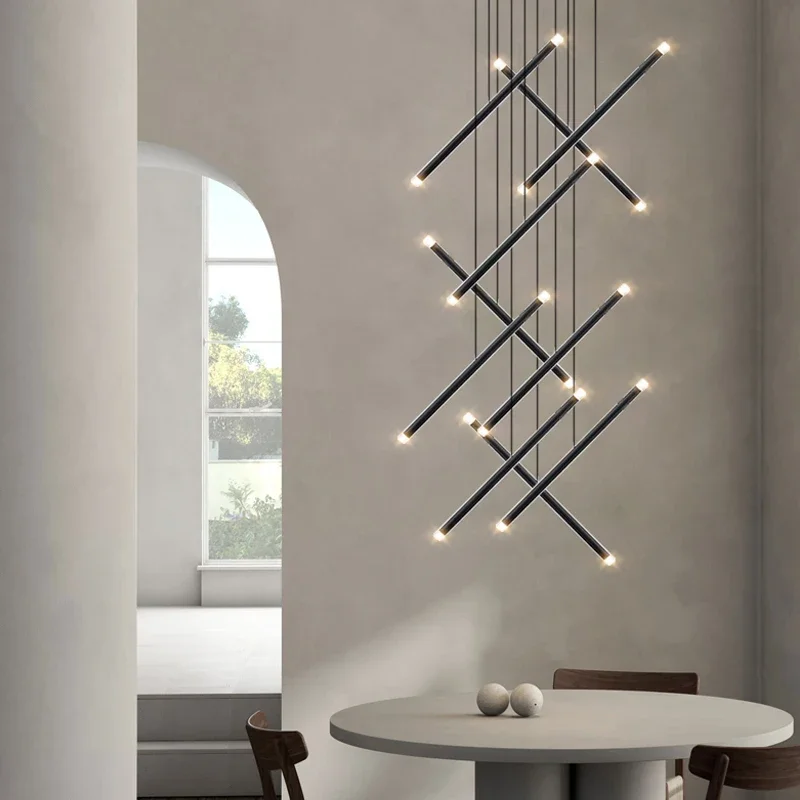 Pendant Lamp Duplex Building Villa Attic Lustres Hanging Light Modern Black Staircase Chandeliers Stair Living Room LED Ceiling