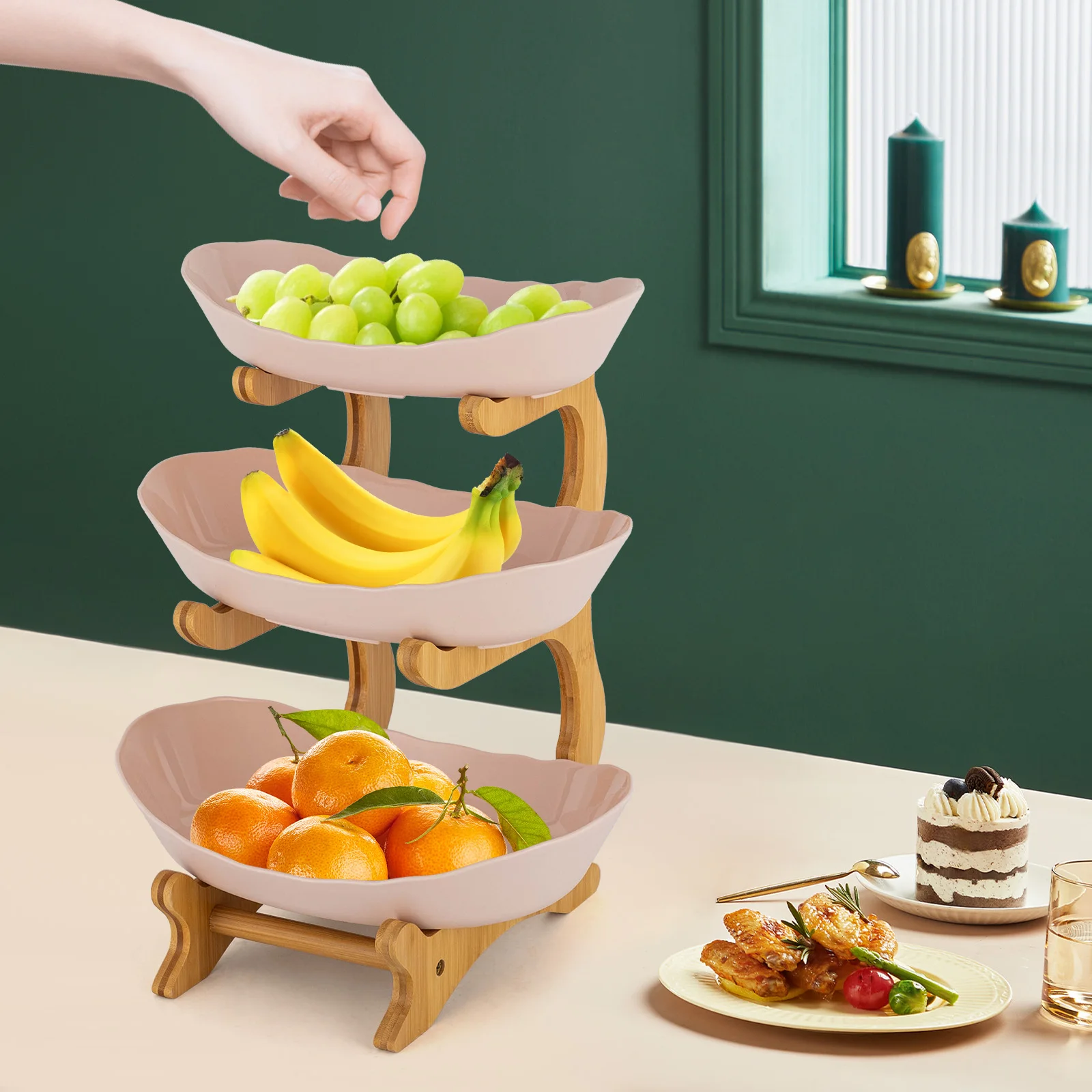 3-Tier Serving Bowls with Stand, Snack Dessert Cake Tray Plate Rack for Party Wedding, Fruit Bowl with Bamboo Wood Stand