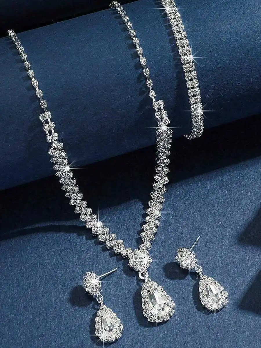 

Womens Crystal Necklace Earrings Bracelet Handbag 4pcs Set For Party Wedding Prom