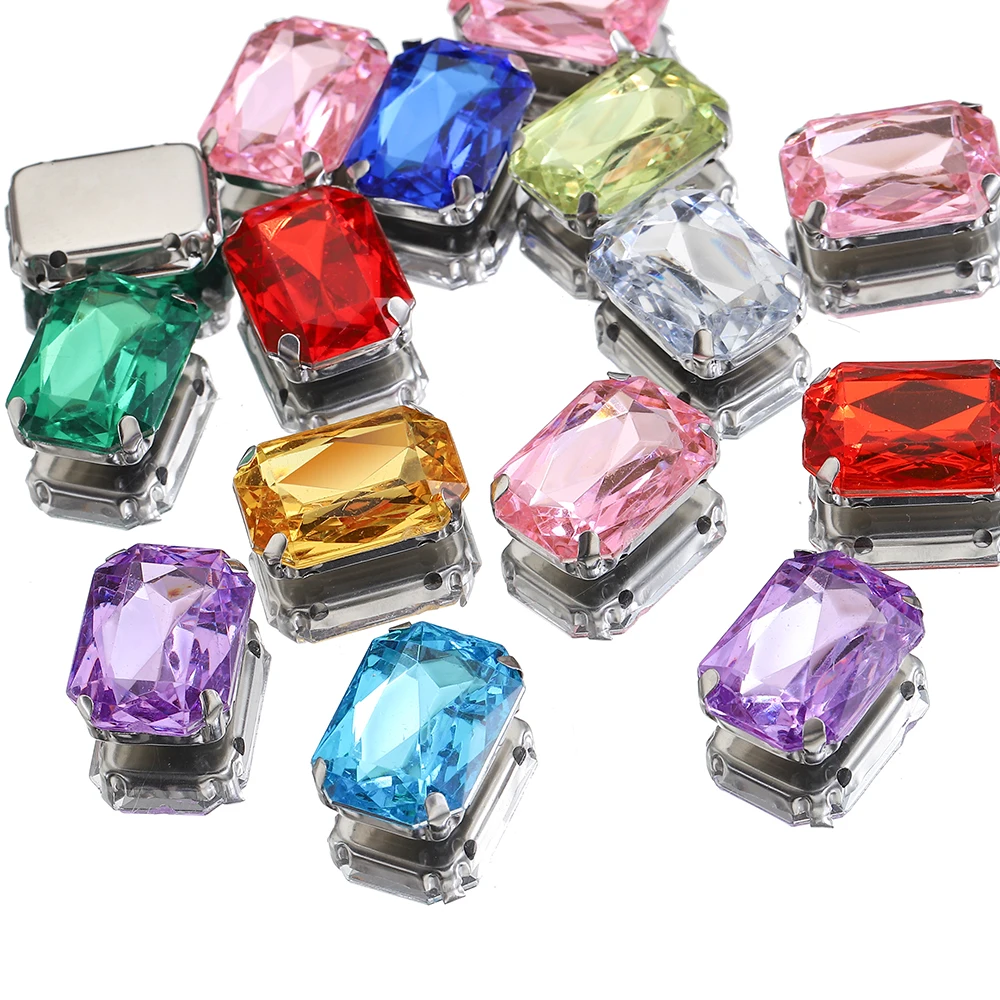 20pcs Square Glass Rhinestones Beads With Silver Color Claw Base Crystal Sew on Bead for DIY Needlework Jewelry Making Wholesale