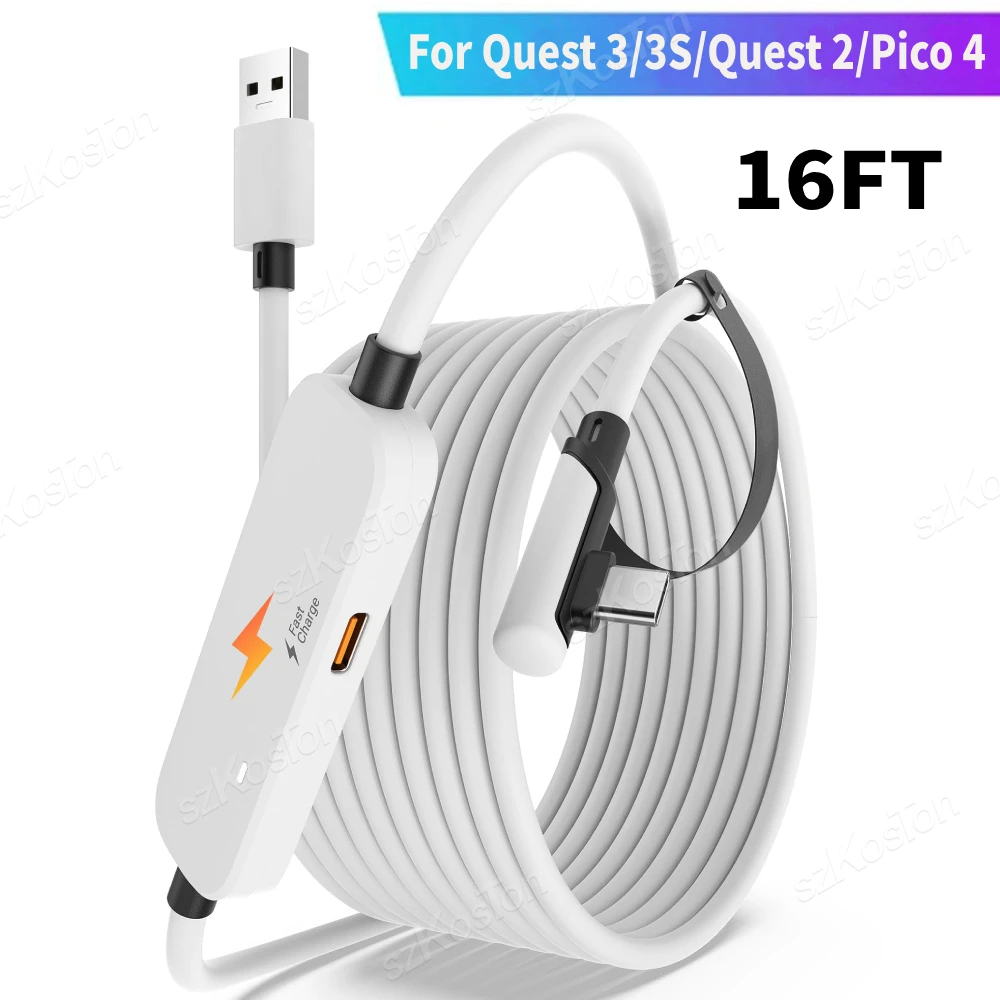 كابل ربط VR للشحن السريع بطول 16 قدم مع سلك USB3.0 منفذ شحن إضافي لملحقات Meta Quest 3/3S/ Quest2 Pico4 SteamVR