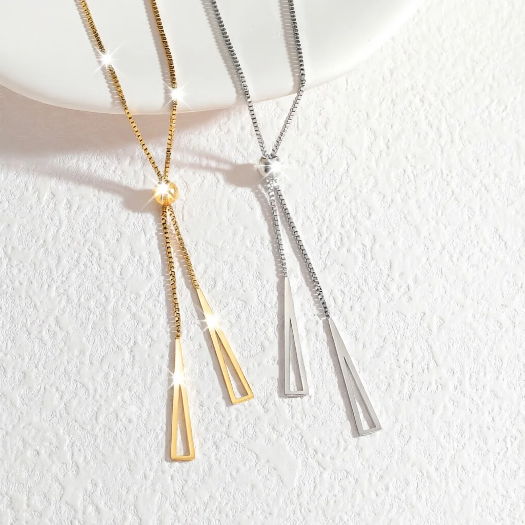 1pc Triangle Pendant Y-Shaped Tassel Necklace Stainless Steel Elegant Two-Choice Box Chain Vintage Adjustable Length Chain Detai