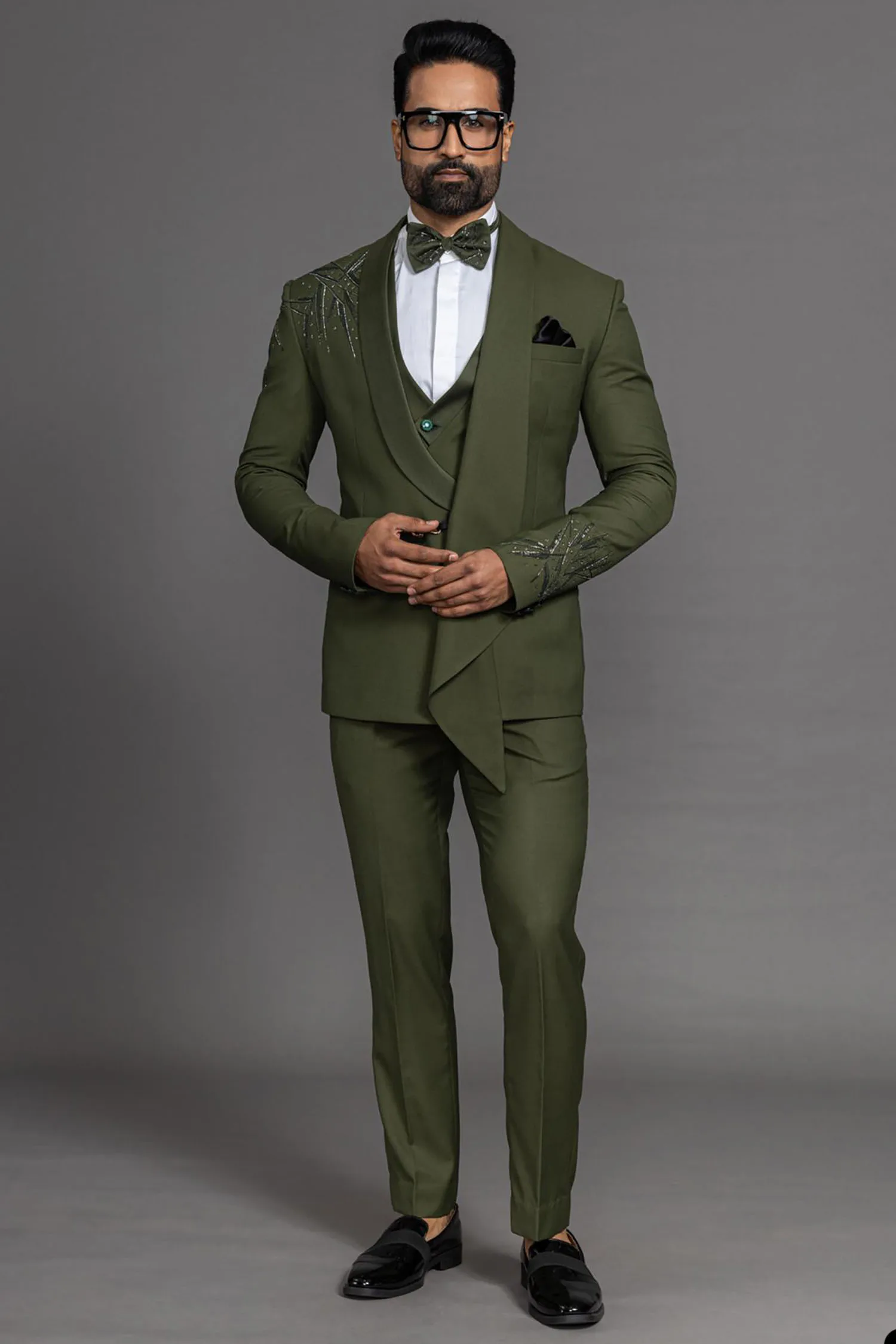 Green Men Suit Tailor-Made 3 Pieces Blazer Vest Pants One Button Sequins Appliques Formal Business Causal Party Host Tailored