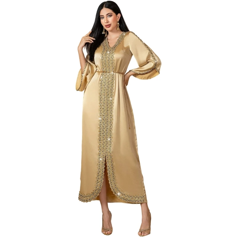 N7YF Fashion Long Sleeve Muslims Long Dresses Kaftan Abaya Ramadans Robes Women's Moroccan Evening Gown for Party Daily Wear