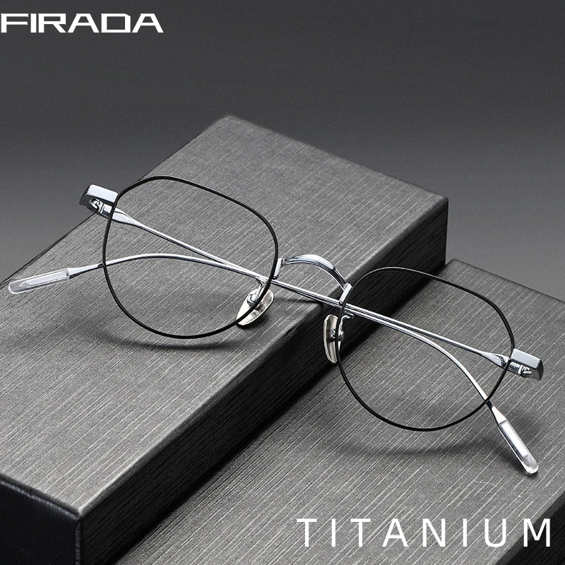 FIRADA Fashion Comfortable Eyeglasses Retro Round Pure Titanium Eyewear Ultra Light Prescription Glasses Frame Men Women 80803-C