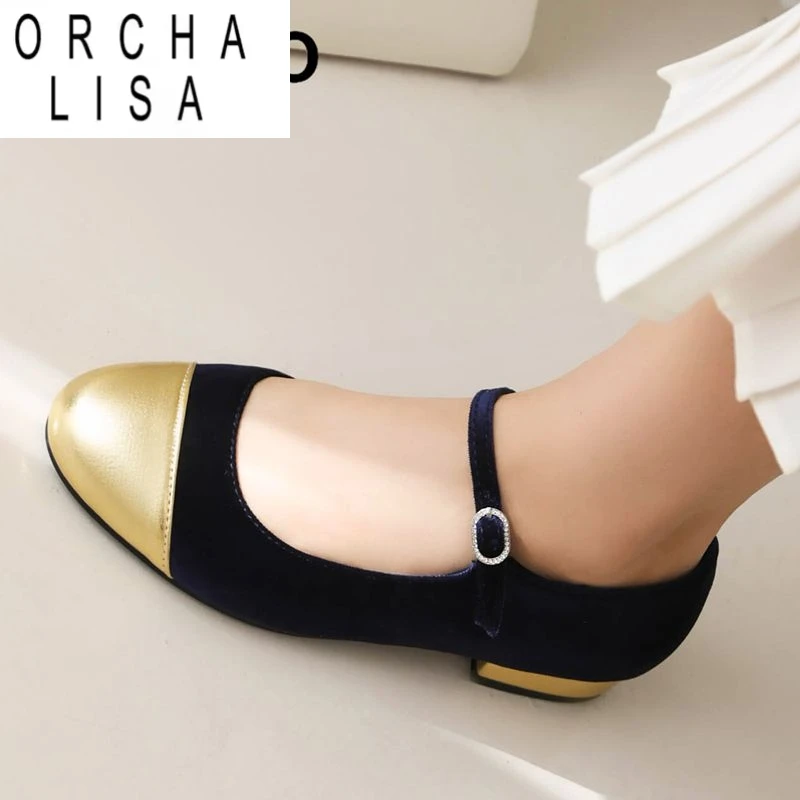 

ORCHA LISA Fashion Women Flats Mary Janes Shoes Round Toe Buckle Strap Flock Suede Plus Size 45 46 47 48 Sweet Soft Black Brown