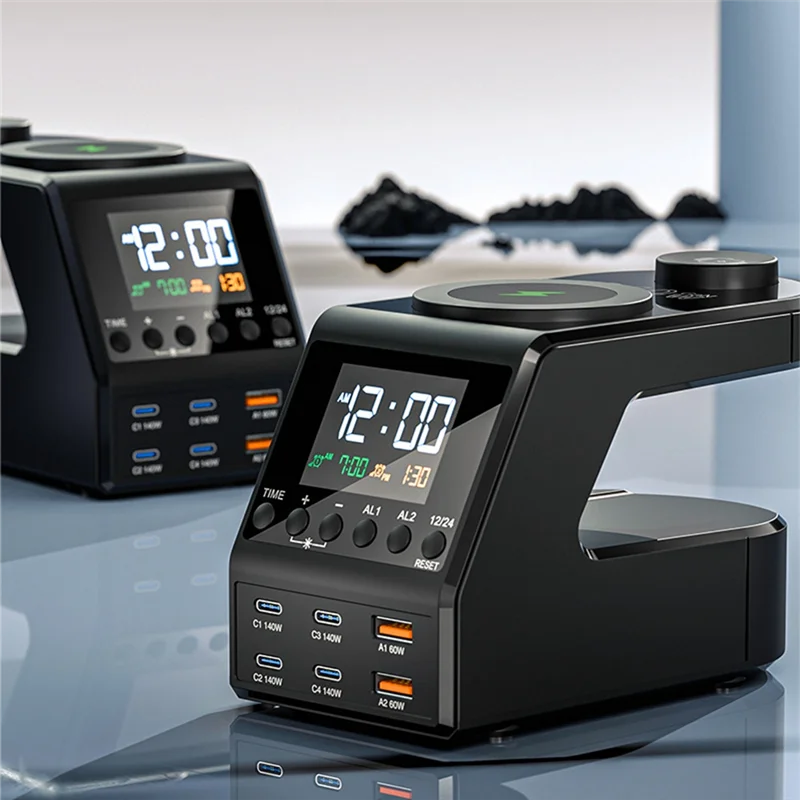 BNVN-240W محطة شاحن غان مع ساعة تنبيه عرض الوقت 4X140w PD3.1 USB نوع C شاحن لاسلكي سريع لباد