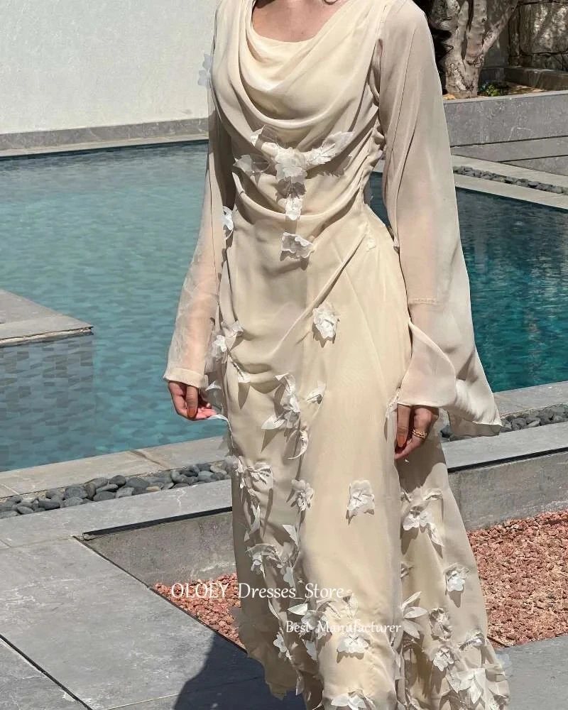 

GiyuElegant Beige Chiffon Arabic Women Evening Dresses Long Sleeves 3D Flowers Prom Gowns Formal Party Dress