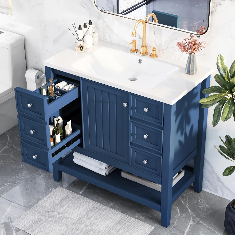 

36" Bathroom Vanity with Sink Combo, One Cabinet and Three Drawers, Solid Wood MDF Board, Blue Bathroom Sink Cabinets Furniture