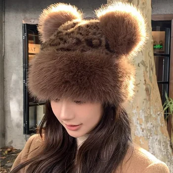 Gorros de felpa con estampado de leopardo para mujer, gorros cálidos con orejas de osito coreano para otoño e invierno, gorro mongol bonito, gorros con protección para los oídos a prueba de viento