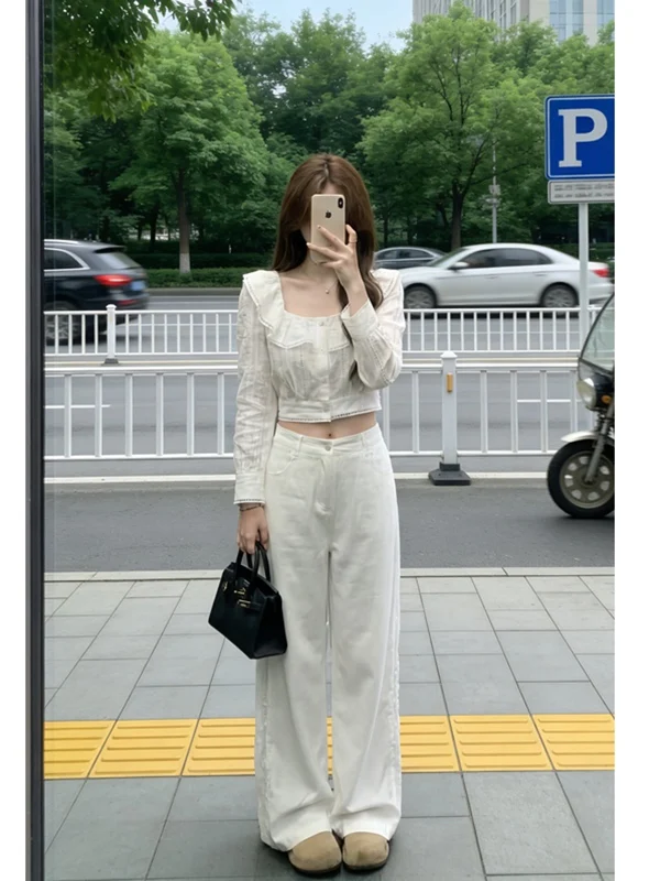 

Summer Short Shirt Women's Sweet Little Sister Style Hollow out Square Collar Lace Trim Splice Slimming Belly Show Versatile ...