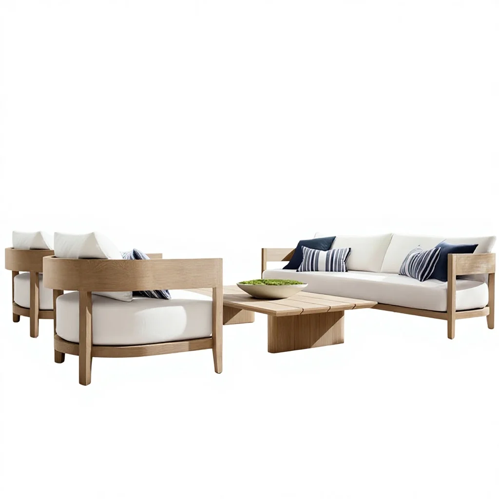 Antique Nordic Solid Teak Outdoor Sofa with Sponge Cushions Rainproof Sunscreen for Courtyard Villa Balcony Garden (Model T-645)