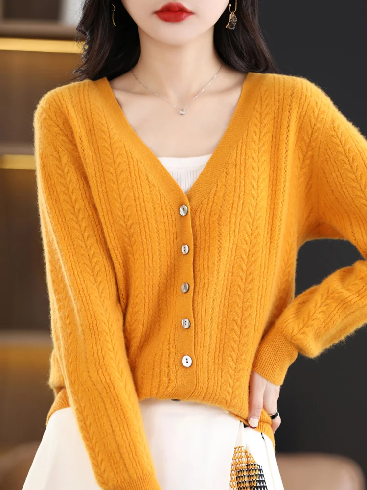 Addonee Autumn Women's Deep V-neck Cardigans Sweater 100% Merino Wool Loose Twist Flower Cashmere Knitwear Long Sleeve Clothing