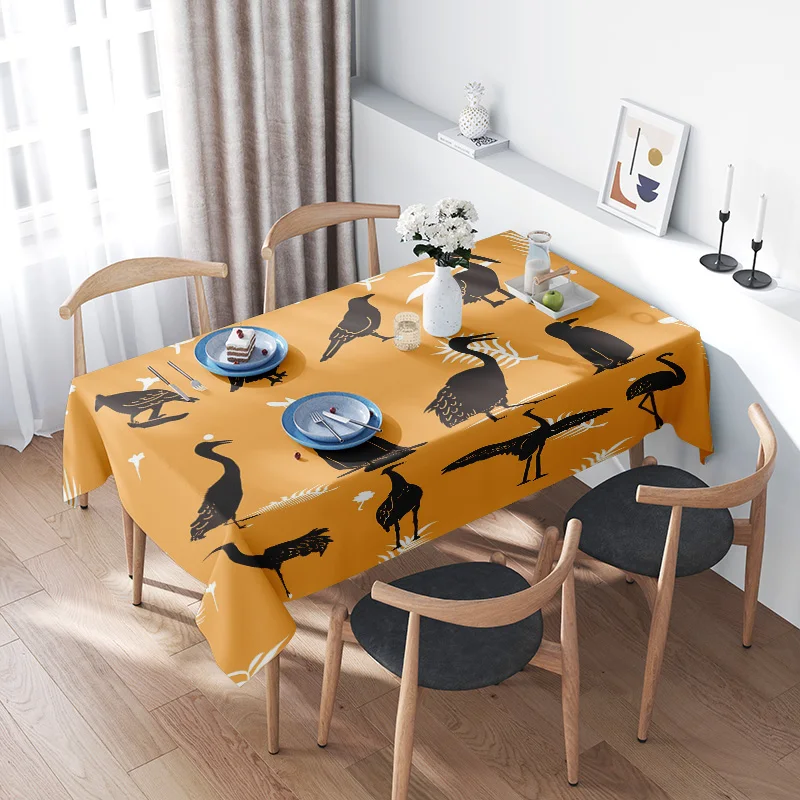 Modern Nordic Style Tablecloth Cute Animal Print for Dining Room Decoration – Bright Yellow with Black Birds Design”