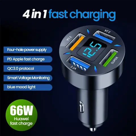 66W USB Car Charger Quick Charge PD QC3.0 With Voltmeter Cigarette Lighter Socket Power Adapter For iPhone 15 16 Samsung Xiaomi