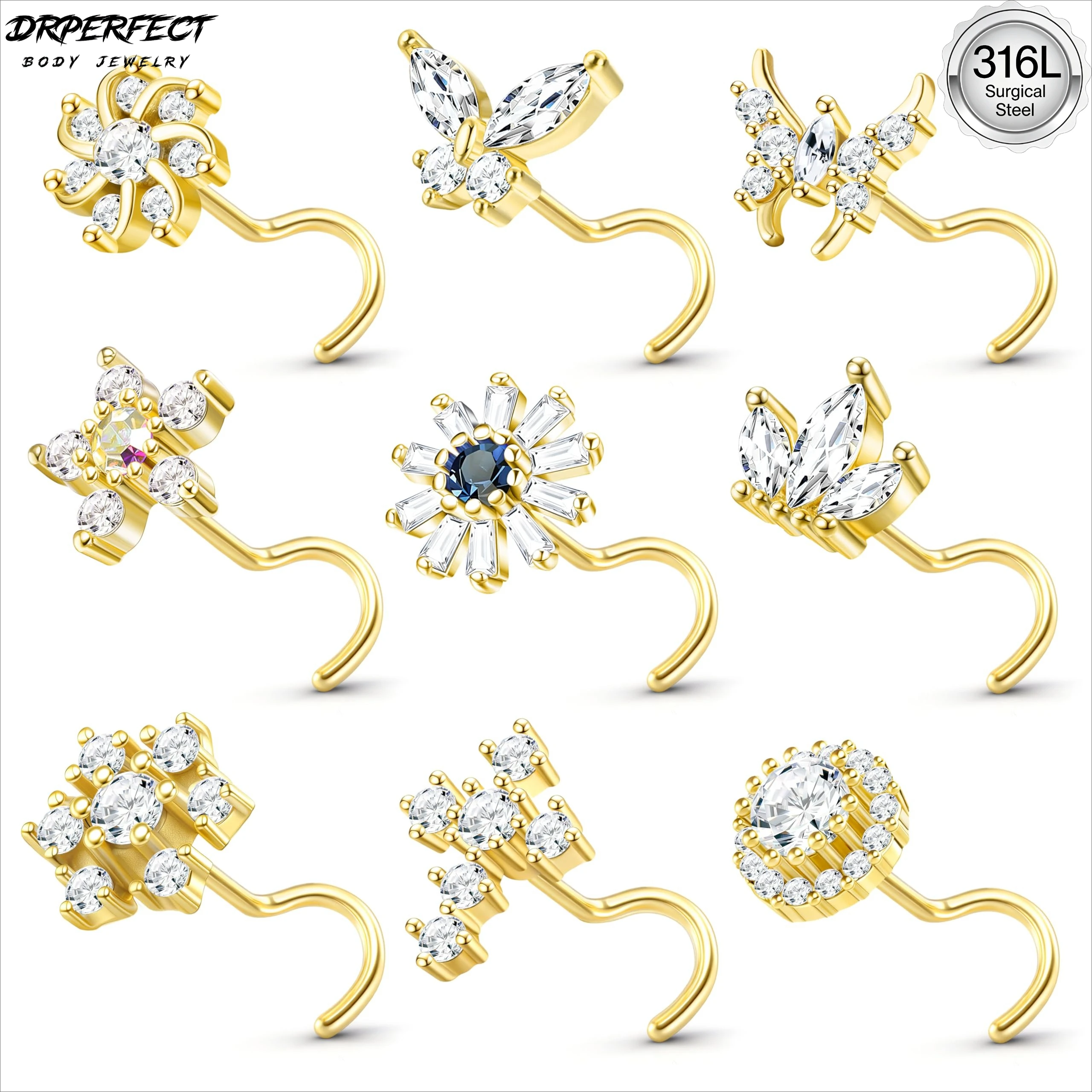 Drperfect 9Pcs Hypoallergenic Nose Rings Stud Surgical Steel Corkscrew Nose Ring CZ Butterfly Nostril Piercing Jewelry for Women