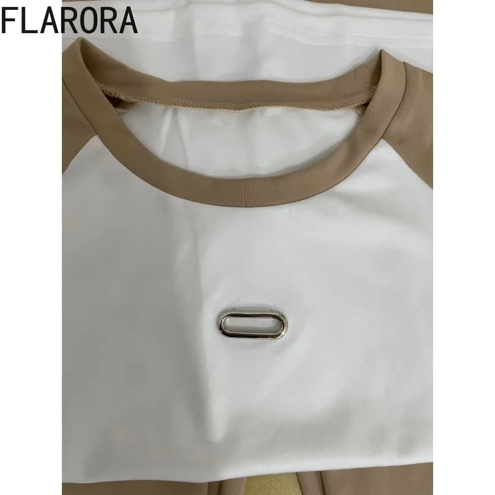 FLARORA Casual Sporty Patchwork 2 Pcs Woman O Neck Short Sleeve Slim Fit Tops And Flare Pants Outfits Female Street Tracksuits