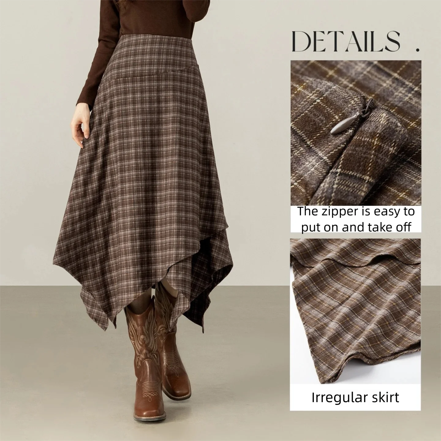 SENTUBILA Ladies Vintage Coffee Plaid Skirt 2026 Winter Irregular High Waist A-Line Midi Skirts Woman Clothing W54QP5992