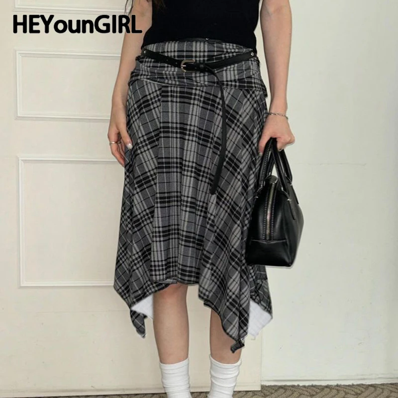 

HEYounGIRL Korean Style Women Asymmetrical Hem Skirt Preppy Casual Plaid Print A-line Long Skirt Autumn Street Outfits Retro