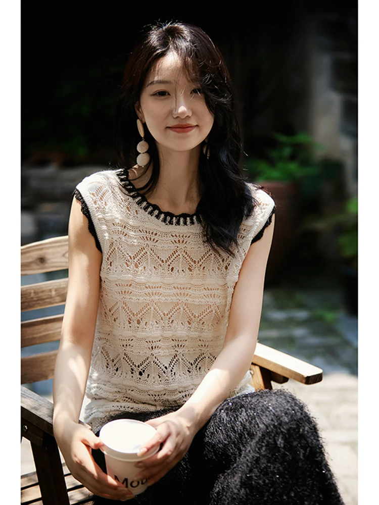 

Вязаный жилет XiaoHanGe с вырезами, круглым вырезом горловины, без рукавов, для офиса, в стиле OL, с ажурным цветочным узором