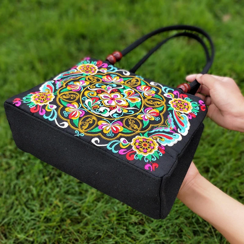 Ethnic Style Double-sided Embroidered Double-layer Bag Canvas Bag Embroidered Middle-aged And Elderly Women Handbag Square Bag